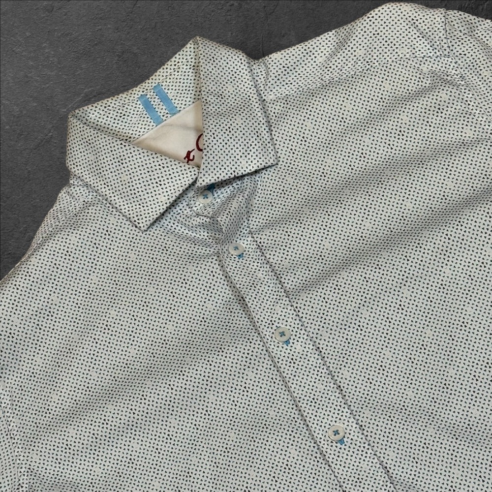 Robert Graham Mens Dress Shirt White Blue Geometric Print Modern American Size M